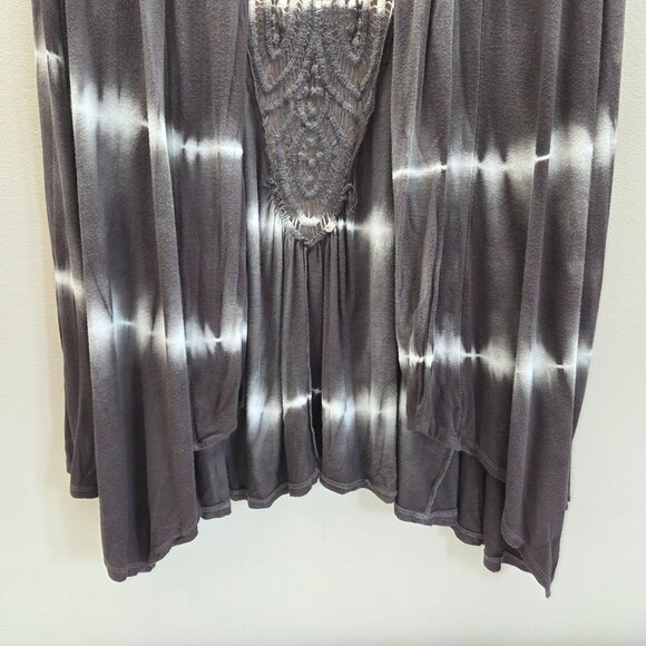 Lucie Lu Crochet Detail Open Front Waterfall Jersey Knit Cardigan Tie Dye Brown - Picture 3 of 12